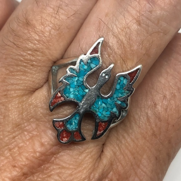 Vintage Thunderbird Ring Turquoise Coral Inlay - Picture 4 of 7
